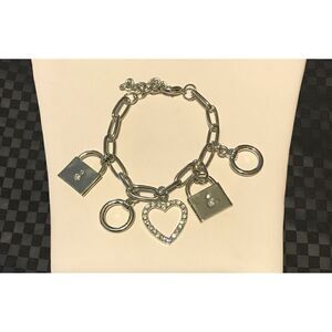Pretty New Silver Rhinestone Heart & Padlock Charm Bracelet